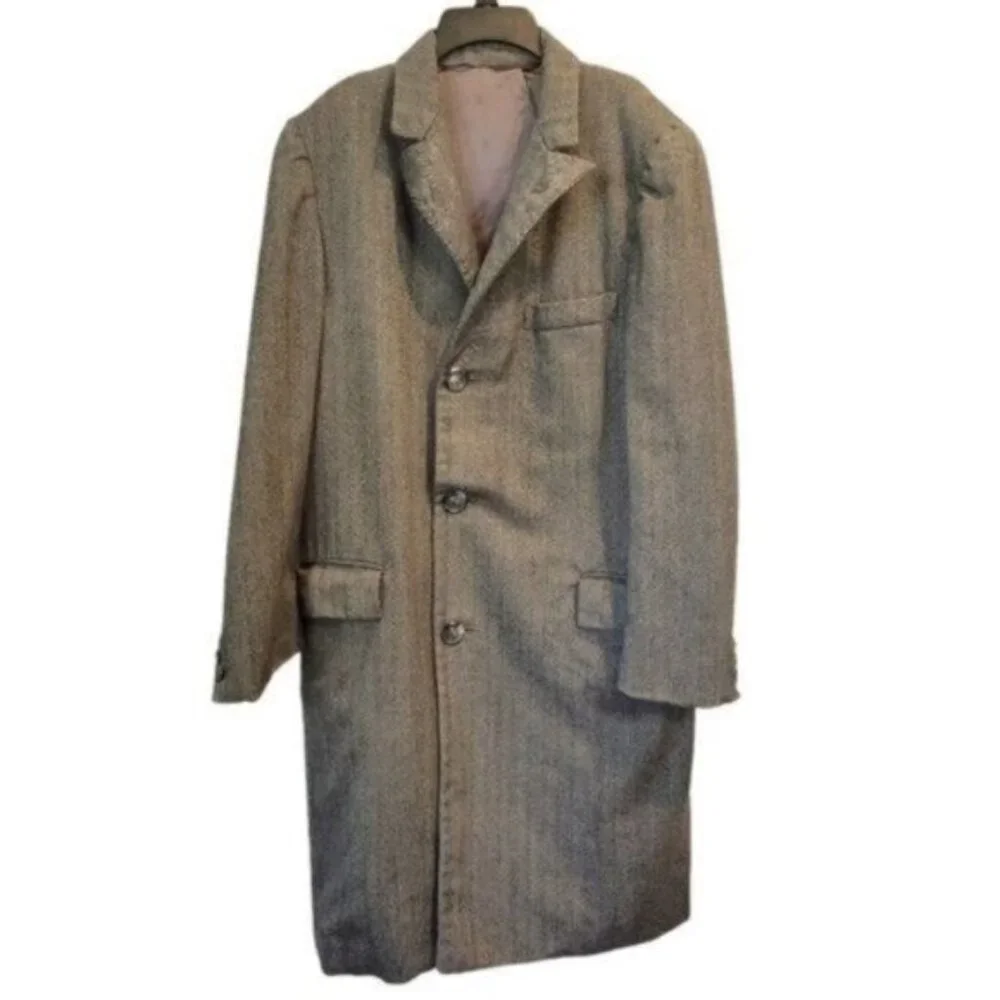 Vintage Jonathan Scott Empire Mens Button Front Wool Long Coat Herringbone Gray